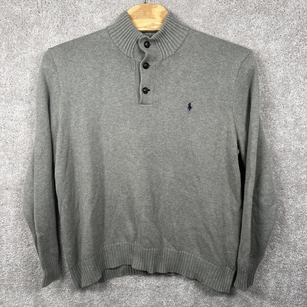 Polo Ralph Lauren Sweater Mens XXl Mock Neck Gray Button Pullover Knit Cotton - Picture 1 of 6